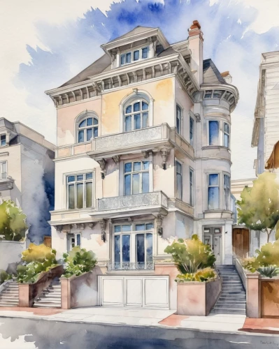 watercolor paris balcony,watercolor paris,facade painting,paris balcony,beautiful buildings,house drawing,french building,townhouses,san francisco,apartment house,house painting,apartment building,sanfrancisco,bendemeer estates,painted lady,luxury property,art nouveau,two story house,luxury real estate,old town house,Illustration,Paper based,Paper Based 25