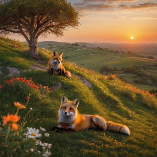 foxes,fox hunting,garden-fox tail,beautiful landscape,fantasy picture,daybreak,meadow landscape,landscape background,fox stacked animals,landscapes beautiful,blooming field,cute fox,springtime background,fox,spring morning,fantasy landscape,nature landscape,beauty scene,red fox,scenic,Photography,General,Natural