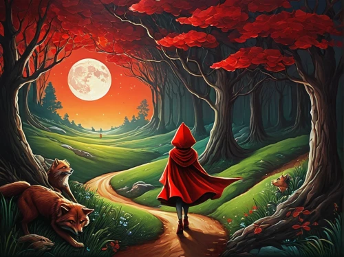 red riding hood,little red riding hood,red coat,red cape,fantasy picture,the mystical path,forest background,forest path,man in red dress,on a red background,druid grove,children's fairy tale,landscape red,the pied piper of hamelin,fairy tale,a fairy tale,enchanted forest,the wanderer,magical adventure,forest of dreams,Conceptual Art,Fantasy,Fantasy 21