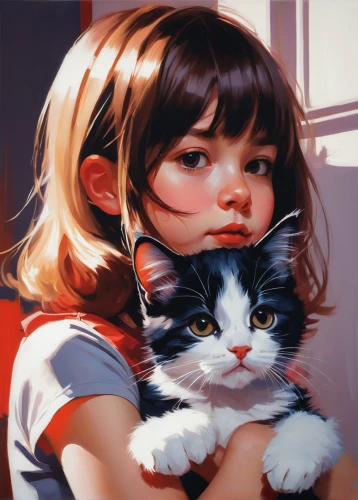 child portrait,cat child,little boy and girl,digital painting,ritriver and the cat,two cats,study,studio ghibli,child girl,pet,little cat,young cat,cat frame,oil paint,cat portrait,drawing cat,girl portrait,cat's eyes,kids illustration,kitty,Conceptual Art,Fantasy,Fantasy 19