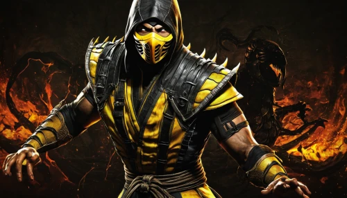scorpion,yellow and black,black yellow,archimandrite,death god,grimm reaper,paysandisia archon,fire background,undead warlock,reaper,hooded man,warlord,fire salamander,daemon,black and gold,black warrior,templar,golden mask,aesulapian staff,botargo,Illustration,Abstract Fantasy,Abstract Fantasy 21