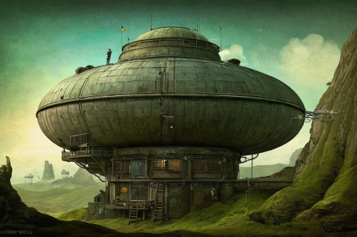 airships,panopticon,airship,round hut,round house,watertower,observatory,fallout shelter,futuristic landscape,industrial landscape,myst,post-apocalyptic landscape,oil tank,ancient house,gas planet,diving bell,ancient city,the globe,artificial island,lostplace,Illustration,Realistic Fantasy,Realistic Fantasy 35