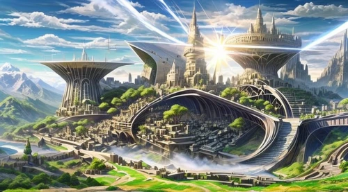 fantasy city,fantasy world,fantasy landscape,futuristic landscape,3d fantasy,fantasy picture,ancient city,fairy world,elves flight,fantasy art,background image,cg artwork,dream world,utopian,tomorrowland,stargate,aurora village,the valley of the,sky city,metropolis