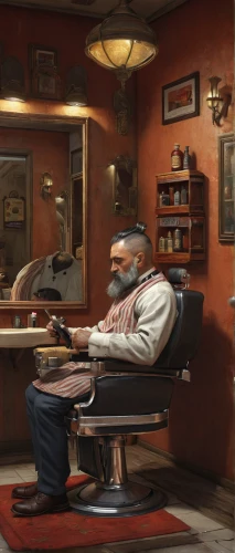 barber shop,barbershop,barber chair,barber,the long-hair cutter,watchmaker,shoemaker,shoeshine boy,tailor seat,digital compositing,butcher shop,hairdresser,pipe smoking,pomade,hairdressing,tinsmith,craftsman,man with a computer,new concept arms chair,fallout4,Illustration,Realistic Fantasy,Realistic Fantasy 28