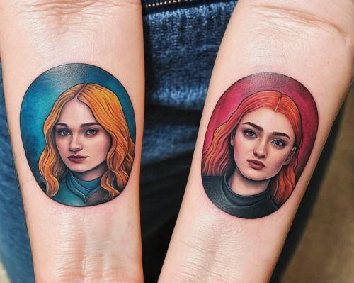 multicolor faces,three primary colors,gemini,portraits,tattoo artist,fairy tale icons,trio,russian dolls,two girls,russian doll,colourful pencils,red and blue,sirens,redheads,rosella,tattoo girl,clary,tattoos,matryoshka doll,tattoo,Illustration,Realistic Fantasy,Realistic Fantasy 18