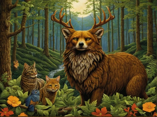 woodland animals,forest animals,forest animal,ninebark,forest king lion,nova scotia duck tolling retriever,canidae,dog illustration,eurasier,ginger family,fall animals,deer illustration,pet portrait,chamois with young animals,fauna,irish setter,hunting scene,bear guardian,hunting dogs,carpathian shepherd dog,Conceptual Art,Daily,Daily 33