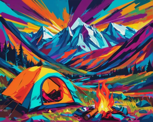 tents,campsite,camping tents,campire,tent,campground,camping,campfires,tent camping,camping tipi,fire in the mountains,tent camp,tent tops,high mountains,mountains,tipi,fire mountain,tepee,campfire,large tent,Conceptual Art,Oil color,Oil Color 21