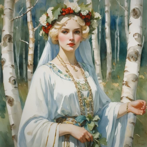 girl in a wreath,suit of the snow maiden,mucha,vintage female portrait,bridal,jessamine,white lady,girl in flowers,vintage woman,spring crown,floral wreath,lillian gish - female,emile vernon,art deco wreaths,vintage art,bride,floral garland,bridal dress,wreath of flowers,vintage angel,Illustration,Paper based,Paper Based 23