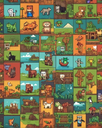 tileable patchwork,playmat,game blocks,collected game assets,tileable,jigsaw puzzle,cartoon video game background,picture puzzle,farm animals,villagers,pixel art,cubes games,game illustration,puzzle,mobile video game vector background,game characters,game art,farms,toy blocks,children's background,Unique,Pixel,Pixel 03