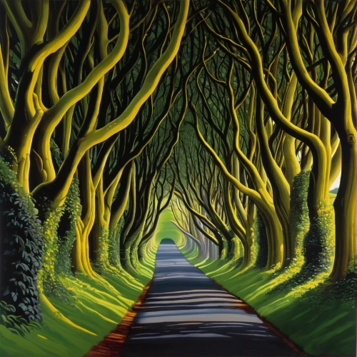 the dark hedges,tree lined lane,forest road,tree-lined avenue,tree lined path,tree lined,maple road,row of trees,tree canopy,beech hedge,beech trees,ordinary boxwood beech trees,tree grove,copse,queen-elizabeth-forest-park,animal lane,long road,fork road,road,grove of trees,Art,Artistic Painting,Artistic Painting 08