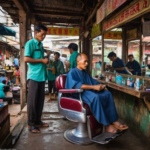 barber shop,the long-hair cutter,barbershop,cendol,hanoi,barber,vendors,beauty salon,market stall,indonesian street food,barber chair,hairdresser,hoian,teal blue asia,hairdressing,nasi kandar,myanmar,vendor,shopkeeper,kiosk,Art,Classical Oil Painting,Classical Oil Painting 25