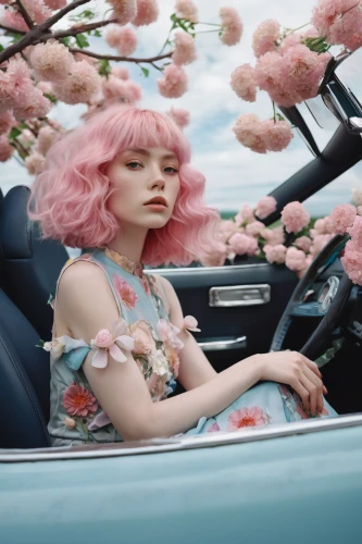 flower car,pink car,girl in car,vintage floral,woman in the car,passenger,elle driver,floral,sakura blossom,girl and car,rose drive,girl in flowers,cherry blossom,nissan figaro,retro flowers,spring unicorn,the cherry blossoms,convertible,pink lady,vintage flowers,Photography,Fashion Photography,Fashion Photography 01