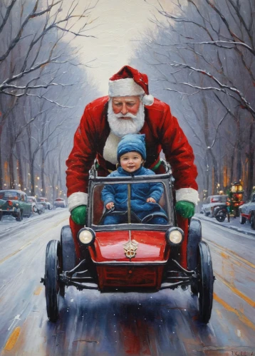 santa sleigh,christmas car,christmas retro car,christmas cars,santa and girl,santa claus,father christmas,santa claus train,santa claus at beach,christmas car with tree,christmas caravan,christmas sled,santa,santa clauses,christmas santa,santa's hat,sleigh ride,children's christmas,santa claus with reindeer,oil painting on canvas,Conceptual Art,Oil color,Oil Color 05