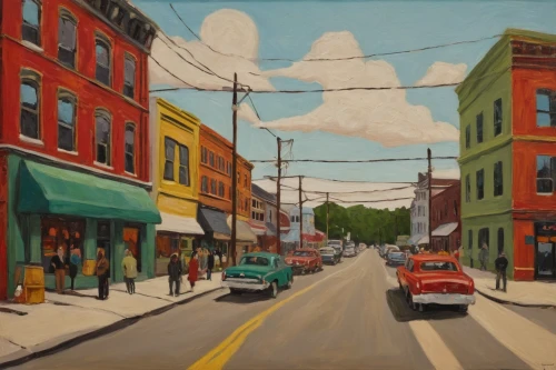 david bates,1955 montclair,ohio paint street chillicothe,street scene,eastern market,aronde,bethlehem road,saint john,richmond,nassau,greystreet,maine,parkersburg,chestnut avenue,adams morgan,oil on canvas,harlem,1950s,city scape,nada3,Illustration,Vector,Vector 20