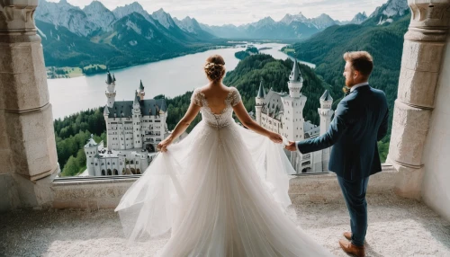 fairytale,wedding photo,a fairy tale,wedding dresses,wedding couple,fairy tale,wedding gown,silver wedding,magical moment,wedding dress,bride and groom,bridal dress,wedding photographer,wedding frame,neuschwanstein castle,beautiful couple,fairytale castle,just married,wedding photography,the ceremony,Conceptual Art,Oil color,Oil Color 05