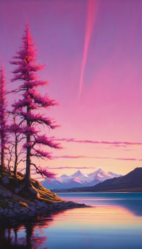 purple landscape,pink dawn,landscape background,mountain sunrise,watercolor pine tree,alaska,pine trees,larch trees,coastal landscape,pine tree,salt meadow landscape,spruce-fir forest,evening lake,nature landscape,an island far away landscape,mountain landscape,high landscape,painting technique,spruce forest,lone tree,Conceptual Art,Daily,Daily 12