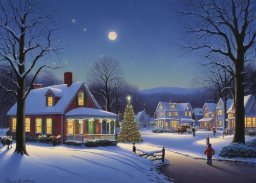 christmas landscape,christmas scene,christmas town,snow scene,the holiday of lights,winter village,vermont,christmas night,winter landscape,night scene,christmas snowy background,carol colman,snow landscape,new england,christmas house,home landscape,heather winter,snowy landscape,the occasion of christmas,houses clipart,Art,Artistic Painting,Artistic Painting 48