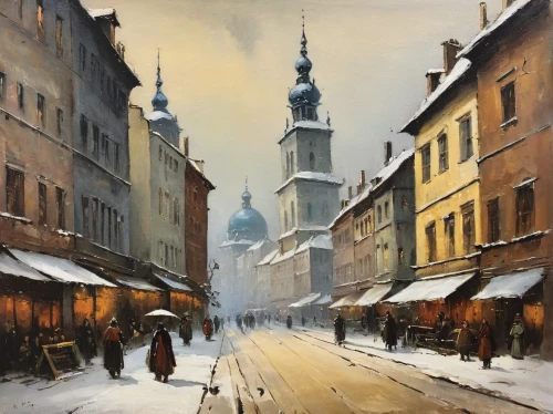 krakow,warsaw,poznan,tallinn,riga,český krumlov,sibiu,sighisoara,czech budejovice,wroclaw,krumlov,lublin,street scene,oil painting,poland,old city,new-ulm,saintpetersburg,nikolaiviertel,brno,Illustration,Realistic Fantasy,Realistic Fantasy 16