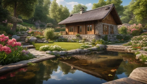 summer cottage,small cabin,home landscape,house in the forest,cottage,the cabin in the mountains,country cottage,wooden house,little house,pond flower,house with lake,beautiful home,garden pond,summer house,cottage garden,small house,log cabin,idyll,idyllic,fairy house,Photography,General,Natural