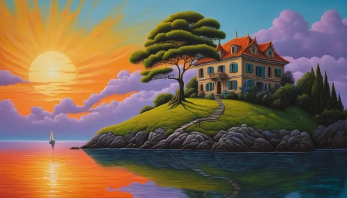 house with lake,house by the water,an island far away landscape,home landscape,summer cottage,fisherman's house,flying island,house silhouette,cottage,coastal landscape,house of the sea,floating island,sea landscape,landscape background,island suspended,delight island,lonely house,islet,island,lighthouse,Conceptual Art,Daily,Daily 30
