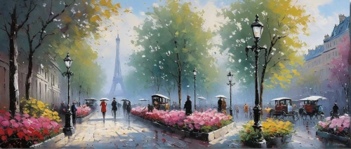 umbrellas,cherry blossom in the rain,walking in the rain,oil painting on canvas,oil painting,man with umbrella,spring morning,art painting,flower painting,street scene,painting technique,autumn landscape,springtime background,watercolor paris,after rain,street lamps,tulip festival,in the rain,after the rain,promenade,Conceptual Art,Sci-Fi,Sci-Fi 18