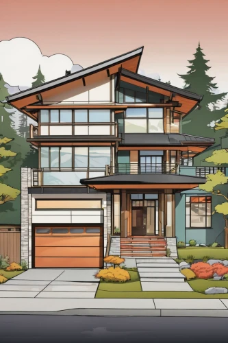 mid century house,houses clipart,modern house,house drawing,smart house,mid century modern,house in mountains,house in the mountains,floorplan home,japanese architecture,residential house,large home,modern architecture,frame house,eco-construction,beautiful home,luxury real estate,house with lake,smart home,house,Illustration,Japanese style,Japanese Style 07