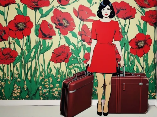 fashion illustration,suitcase in field,flower wall en,poppy red,girl-in-pop-art,suitcase,cool pop art,wall sticker,vintage paper doll,dressmaker,lady in red,suitcases,red magnolia,popart,flower illustrative,travel woman,retro paper doll,japanese floral background,red dahlia,pop art style,Art,Artistic Painting,Artistic Painting 22