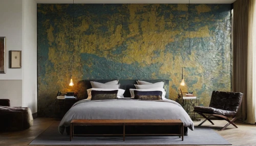 gold wall,wall plaster,gold paint strokes,stucco wall,bed linen,four-poster,bronze wall,guestroom,guest room,wall decoration,gold paint stroke,bedroom,blue room,painted wall,wall decor,gold stucco frame,danish room,wall paint,modern decor,contemporary decor,Conceptual Art,Oil color,Oil Color 15