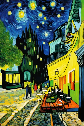 vincent van gogh,night scene,vincent van gough,post impressionism,starry night,david bates,street scene,roy lichtenstein,bistrot,montmartre,street cafe,art painting,italian painter,cool pop art,motif,post impressionist,paris cafe,glass painting,the cobbled streets,cool woodblock images,Photography,Documentary Photography,Documentary Photography 15