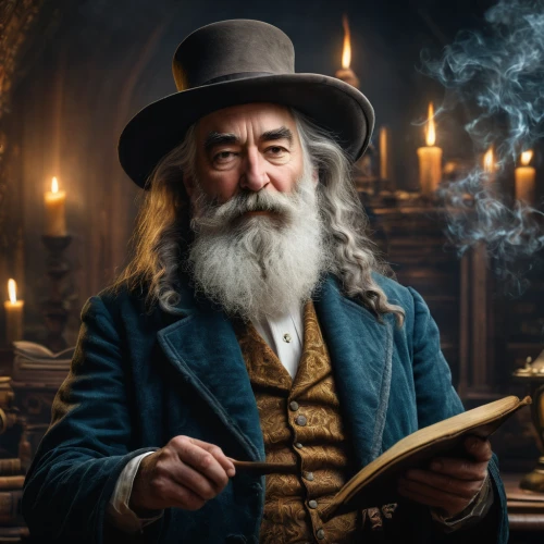 watchmaker,leonardo devinci,candlemaker,wizard,rabbi,fantasy portrait,the wizard,stovepipe hat,pipe smoking,apothecary,jew's harp,gandalf,portrait background,clockmaker,digital compositing,magistrate,man portraits,shoemaker,a carpenter,fire artist,Photography,General,Fantasy