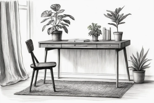 writing desk,dining room table,secretary desk,dining table,desk,wooden desk,sideboard,danish furniture,table and chair,antique table,house plants,set table,furniture,conference room table,office desk,houseplant,conference table,potted plants,small table,wooden table,Illustration,Black and White,Black and White 35