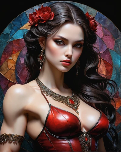 fantasy art,fantasy portrait,red rose,queen of hearts,red roses,fantasy woman,oriental princess,red petals,bodice,sorceress,romantic portrait,faery,scarlet witch,vampire woman,mystical portrait of a girl,porcelain rose,decorative figure,the enchantress,rosa ' amber cover,comely,Photography,Fashion Photography,Fashion Photography 19