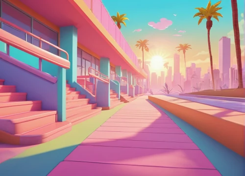 boardwalk,colorful city,cartoon video game background,backgrounds,low poly,futuristic landscape,80's design,low-poly,virtual landscape,walkway,3d background,art deco background,retro styled,aesthetic,fantasy city,80s,panoramical,stylized,south beach,boulevard,Illustration,Vector,Vector 19