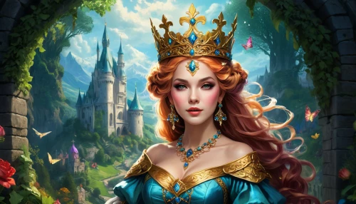 fantasy portrait,fantasy art,crown render,fantasy picture,fairy tale character,celtic queen,fantasy woman,queen of hearts,queen cage,merida,golden crown,fairy queen,fairy tale icons,world digital painting,cinderella,fairytale characters,game illustration,queen crown,heart with crown,princess crown,Art,Classical Oil Painting,Classical Oil Painting 01