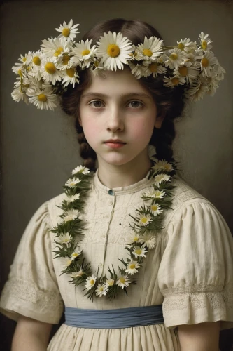 girl in flowers,bouguereau,girl in a wreath,marguerite,marguerite daisy,young girl,flower girl,girl picking flowers,portrait of a girl,child portrait,vintage female portrait,john atkinson grimshaw,girl with cloth,beautiful girl with flowers,the white chrysanthemum,vintage flowers,floral garland,flower garland,oxeye daisy,jessamine,Photography,Artistic Photography,Artistic Photography 13