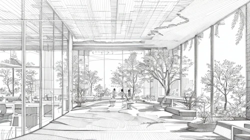 school design,daylighting,glass facade,archidaily,modern office,glass facades,structural glass,3d rendering,lobby,arq,conservatory,garden elevation,sky space concept,hallway space,conference room,garden design sydney,offices,glass wall,glass building,orangery,Design Sketch,Design Sketch,Fine Line Art