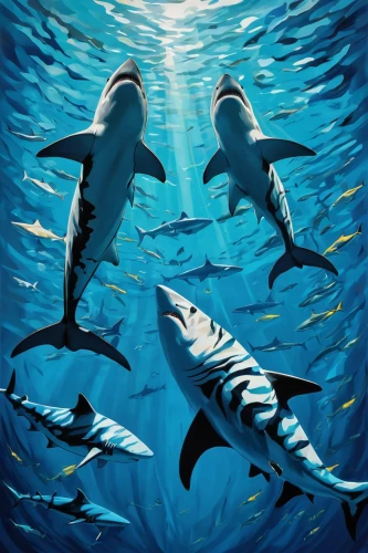 oceanic dolphins,common dolphins,dolphins in water,bottlenose dolphins,two dolphins,dolphins,aquarium inhabitants,sharks,predators,cetacea,dolphin background,orca,sea mammals,great white shark,requiem shark,atlantic bluefin tuna,remora,oil painting on canvas,underwater world,diving fins,Conceptual Art,Oil color,Oil Color 24