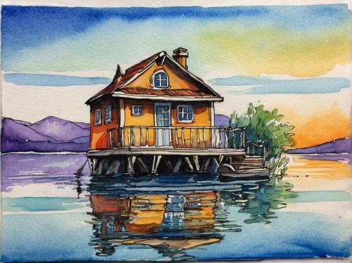house with lake,house by the water,fisherman's house,houseboat,floating huts,watercolor cafe,watercolor shops,watercolor painting,boathouse,watercolor,boat house,summer cottage,stilt house,watercolor paint,watercolor blue,stilt houses,water color,cottage,fisherman's hut,wooden houses,Illustration,American Style,American Style 05