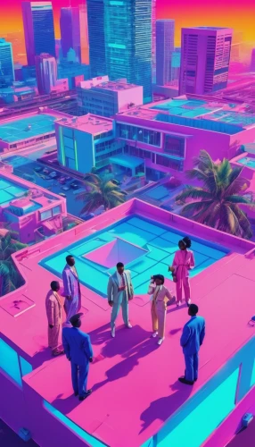 miami,colorful city,skating rink,neon human resources,virtual world,capital cities,80s,neon ghosts,real-estate,fantasy city,neon arrows,suburb,virtual landscape,south beach,diamond lagoon,garish,parking lot,cities,oasis,pink squares,Conceptual Art,Sci-Fi,Sci-Fi 28