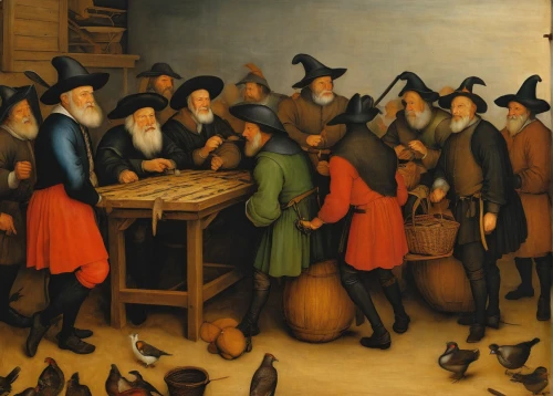 pilgrims,hatmaking,the pied piper of hamelin,celebration of witches,the production of the beer,drinking party,harvest festival,chess game,pied piper,tavern,apfelwein,shoemaking,the sale,winemaker,cart of apples,witches' hats,leittafel,shoemaker,group of people,witches,Conceptual Art,Daily,Daily 32