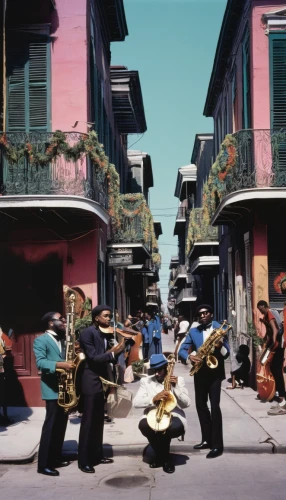 new orleans,brass band,street musicians,band winged grasshoppers,french quarters,color image,flugelhorn,jazz,old havana,wind instruments,stone town,antigua,santiago di cuba,naples,rhythm blues,big band,burano,local trumpet,musical ensemble,rainbow jazz silhouettes,Art,Artistic Painting,Artistic Painting 22