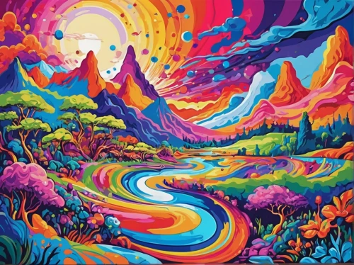 psychedelic art,pachamama,valley of the moon,lsd,cascades,acid lake,psychedelic,mushroom landscape,colorful background,colorful water,salt meadow landscape,acid,rainbow waves,colorful spiral,mountain landscape,vibrant,oasis,mountain scene,the landscape of the mountains,harmony of color,Conceptual Art,Oil color,Oil Color 23