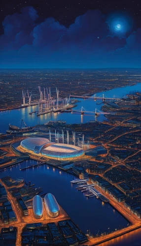 soccer-specific stadium,container terminal,artificial island,fantasy city,city cities,dalian,ballpark,futuristic landscape,container cranes,southampton,osaka port,olympic stadium,marina bay,urban development,very large floating structure,city at night,tianjin,wolfsburg,cargo port,artificial islands,Conceptual Art,Daily,Daily 25