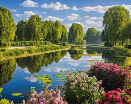 giverny,green trees with water,river landscape,beautiful landscape,background view nature,nature landscape,landscape background,green landscape,meadow landscape,landscape nature,beautiful lake,weeping willow,lily pond,lilly pond,landscapes beautiful,spring nature,natural scenery,water lilies,dutch landscape,lotus pond,Art,Artistic Painting,Artistic Painting 20
