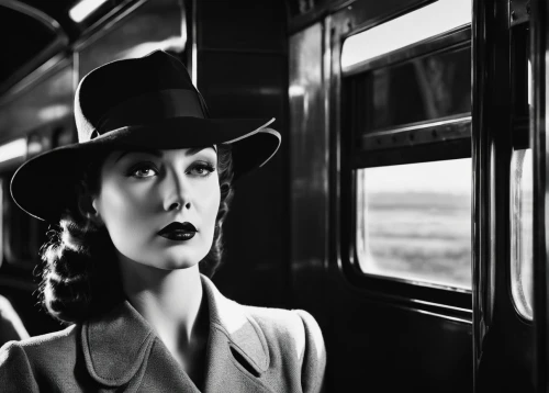 film noir,the girl at the station,art deco woman,vintage woman,retro woman,1940 women,bowler hat,hat retro,vintage women,trilby,retro women,train ride,black hat,travel woman,vintage fashion,girl wearing hat,the hat of the woman,woman's hat,roaring twenties,hat vintage,Photography,Black and white photography,Black and White Photography 08