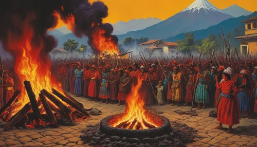 pentecost,fire in the mountains,lake of fire,the conflagration,buddhist hell,fire mountain,paganism,campfires,khokhloma painting,fire bowl,fire land,burning earth,ring of fire,burning torch,orange robes,burning of waste,bonfire,fire dance,walpurgis night,fire disaster,Illustration,Retro,Retro 14