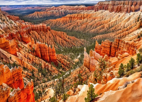 bryce canyon,fairyland canyon,united states national park,hoodoos,red cliff,yellow mountains,mountainous landforms,national park,cliff dwelling,arid landscape,canyon,soil erosion,aeolian landform,landform,the national park,red earth,natural landscape,landscapes beautiful,sandstone rocks,grand canyon,Illustration,Paper based,Paper Based 24