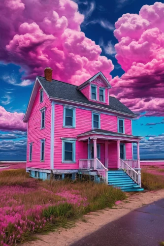 lonely house,pink grass,pink flamingos,purple landscape,pink dawn,pink beach,house by the water,fisherman's house,summer cottage,abandoned house,seaside country,little house,home landscape,beach house,house with lake,house of the sea,pink-purple,witch's house,house,flamingos,Illustration,Realistic Fantasy,Realistic Fantasy 39