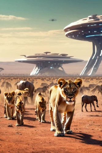 alien world,alien planet,valerian,serengeti,cheetahs,lions,animal migration,extraterrestrial life,lion children,grizzlies,alien invasion,ufos,big cats,concept art,futuristic landscape,male lions,district 9,tsavo,planet alien sky,invasion,Conceptual Art,Sci-Fi,Sci-Fi 04