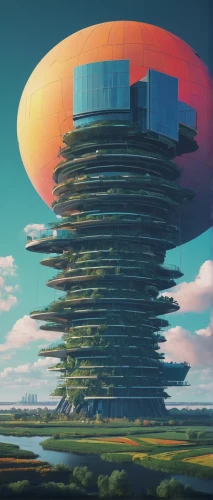 mushroom island,futuristic landscape,floating island,mushroom landscape,futuristic architecture,artificial island,floating islands,flying saucer,cellular tower,airship,round hut,airships,sky space concept,futuristic art museum,watertower,gas planet,sky apartment,round house,hub,flying island,Conceptual Art,Sci-Fi,Sci-Fi 11